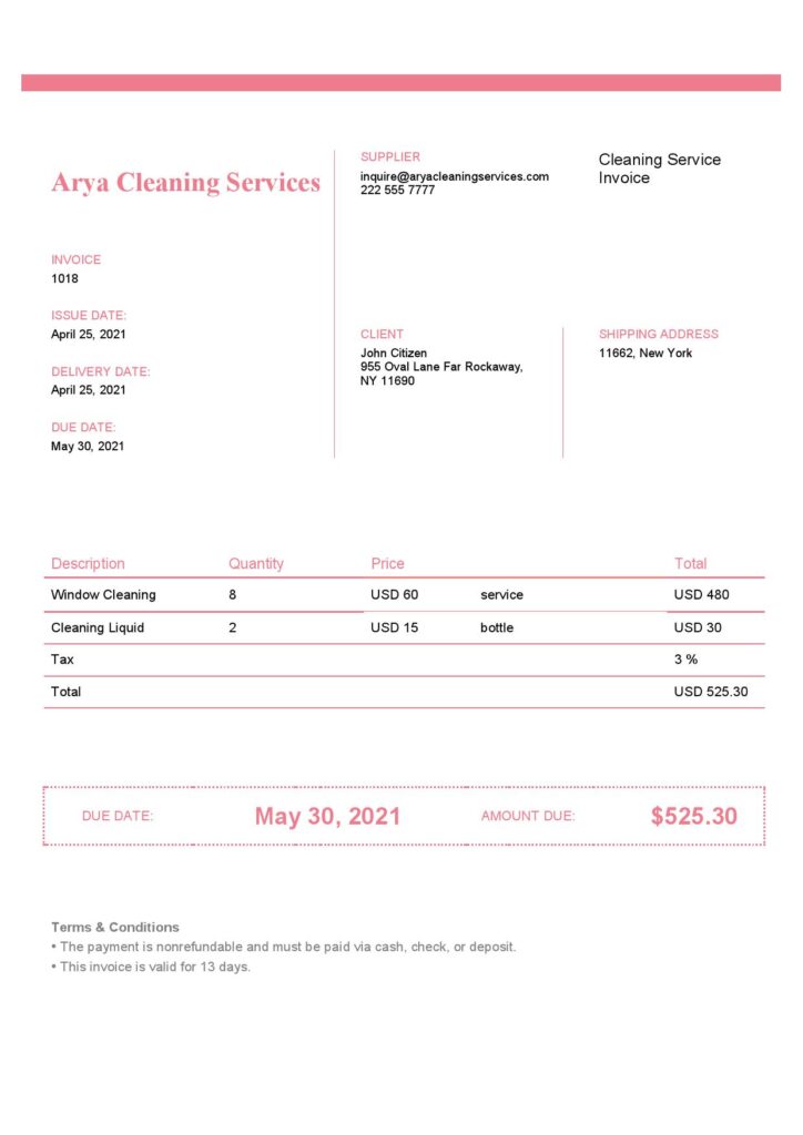 High-Quality USA Arya Cleaning Services Invoice Template PDF | Fully Editable