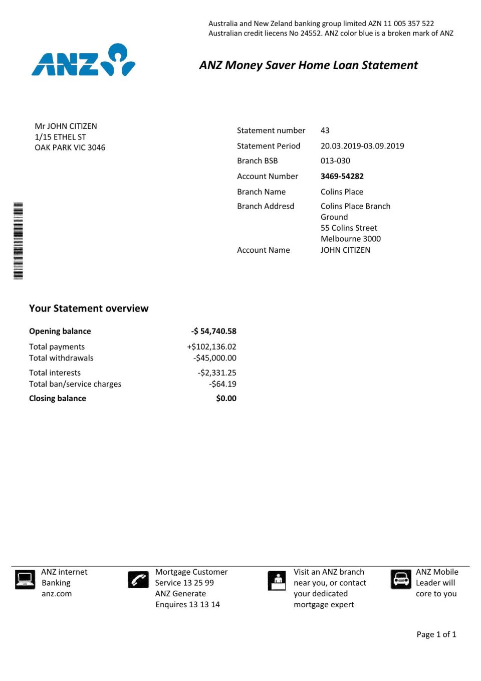 Australia ANZ proof of address bank statement template in Word and PDF format