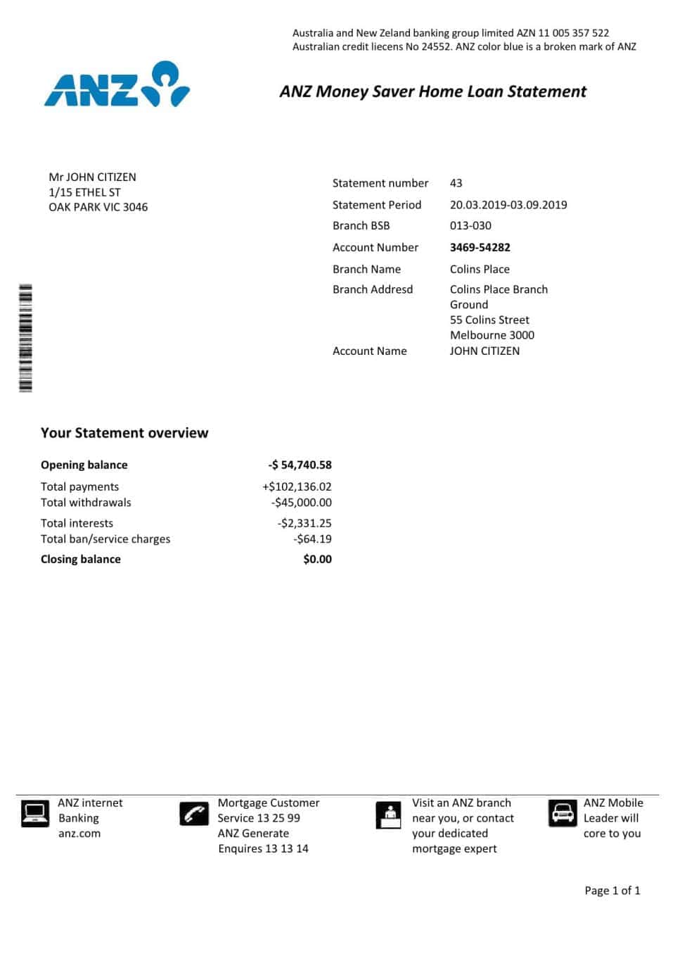 Australia ANZ proof of address bank statement template in Word and PDF format