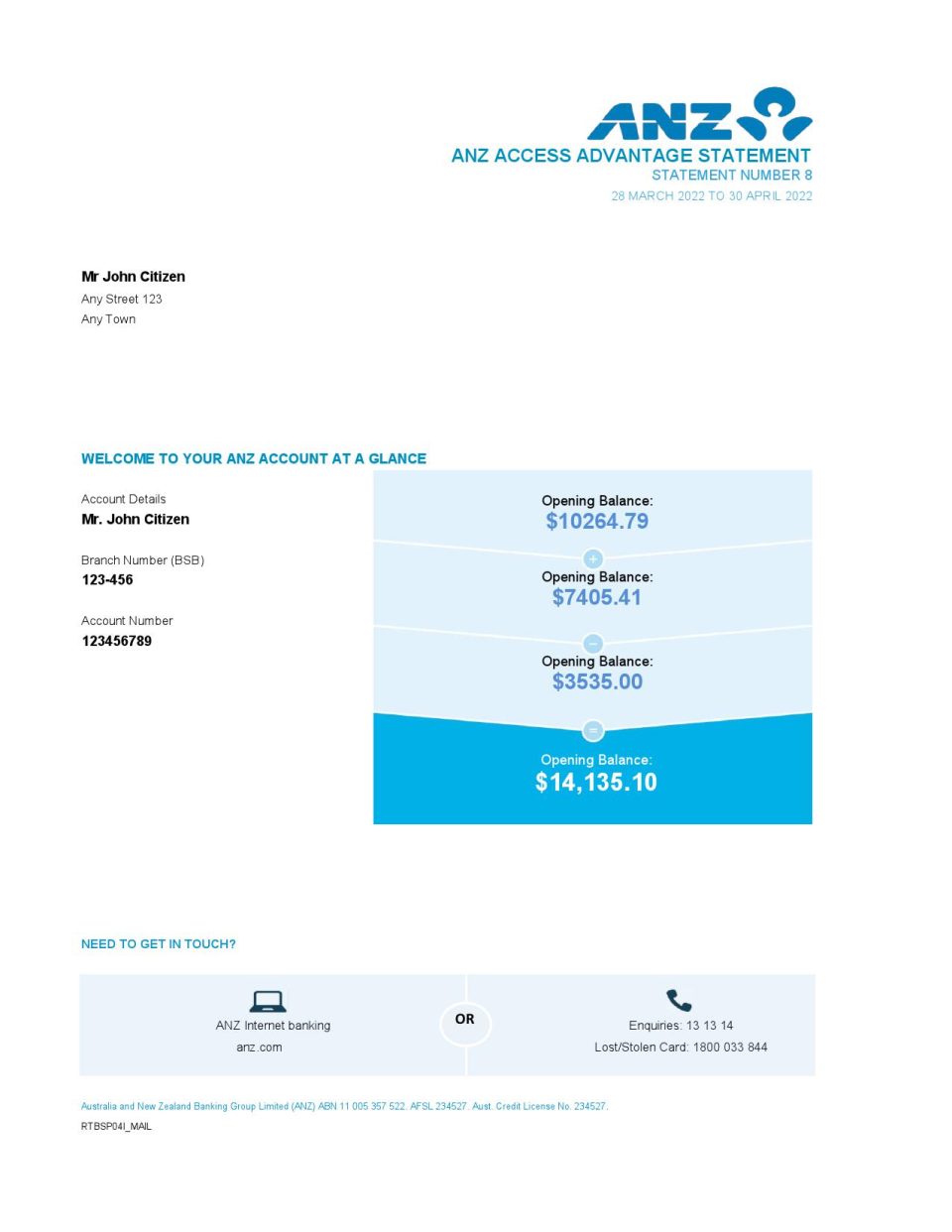 Australia ANZ bank statement easy to fill template in Excel and PDF format, 2 pages