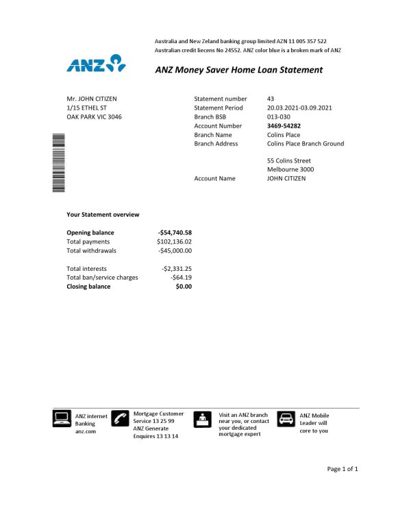 Australia ANZ proof of address bank statement template in Excel and PDF format