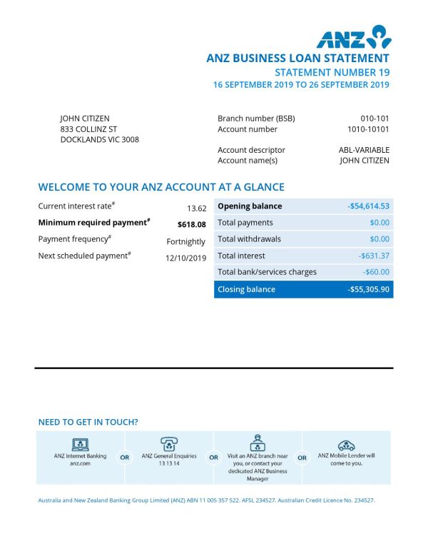 Australia ANZ proof of address bank statement template in .doc and .pdf format fully editable 600x776 - Cart