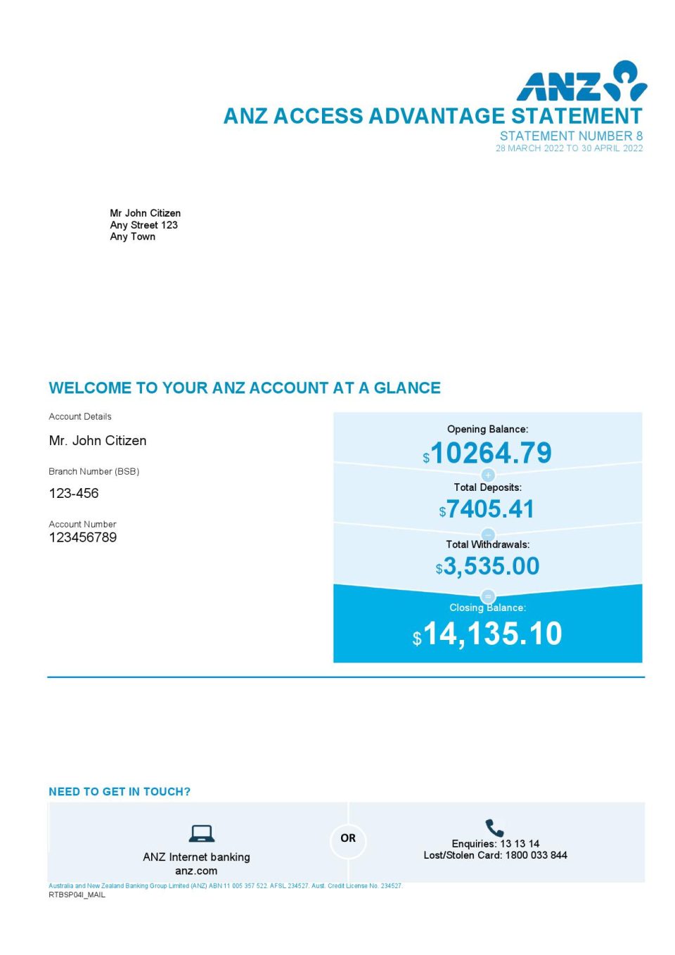 Australia ANZ bank statement, Word and PDF template, 5 pages