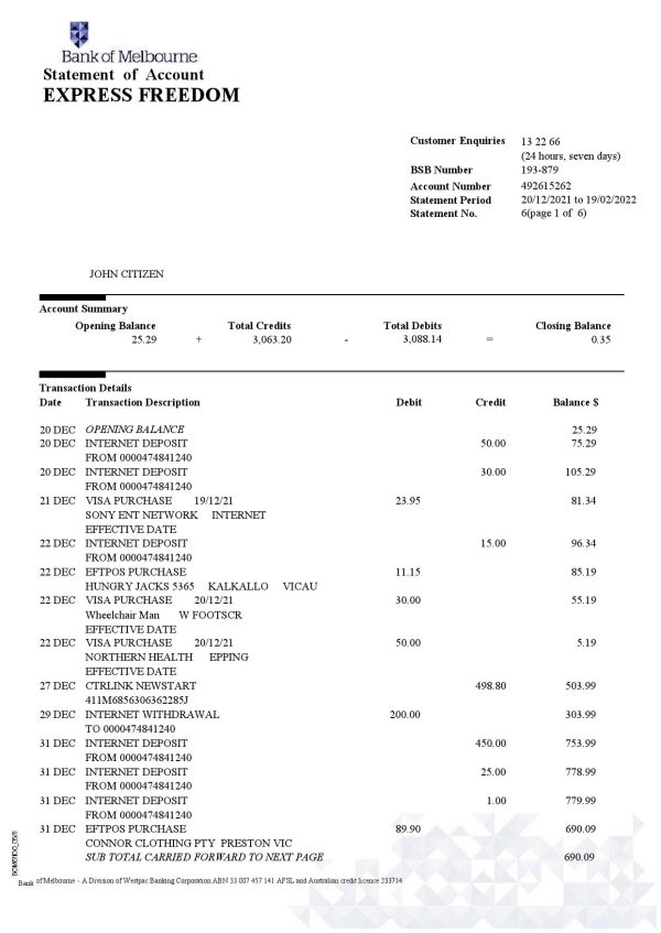 Australia Bank of Melbourne bank account statement, Word and PDF template, 6 pages