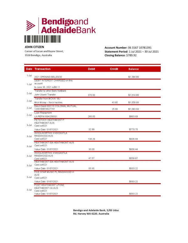 Australia Bendigo and Adelaide Bank bank statement template in Excel and PDF format