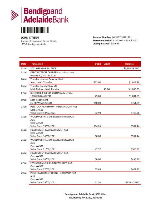 Australia Bendigo and Adelaide Bank bank statement template in Word and PDF format 600x776 - Cart