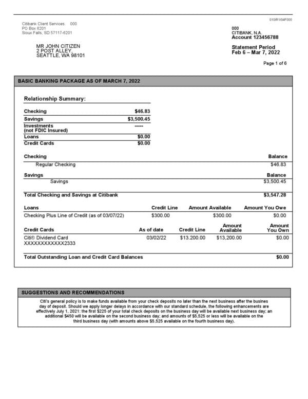 Australia Citibank bank statement Word and PDF template, 6 pages