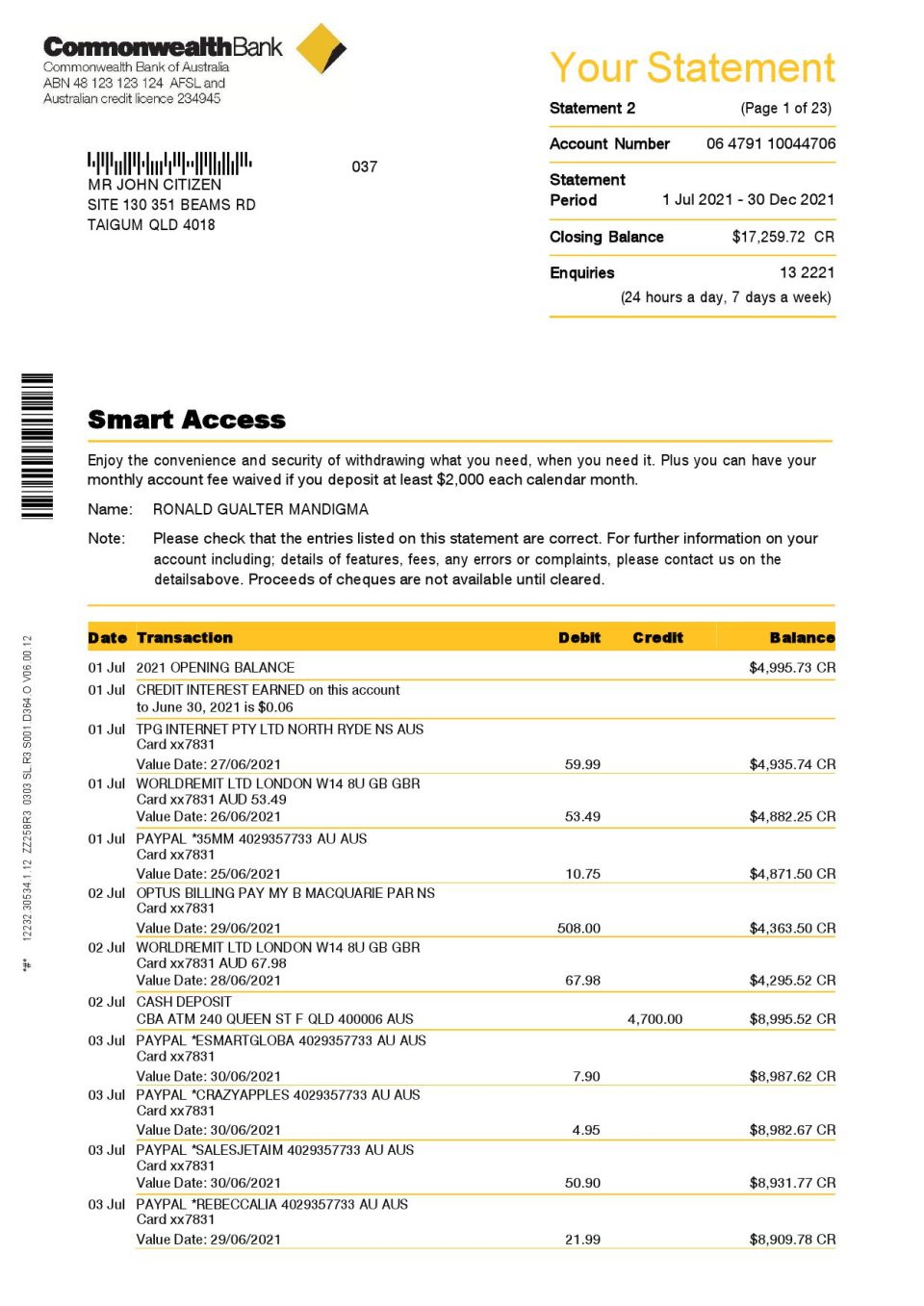 Australia Commonwealth bank statement template in Word and PDF format, 23 pages