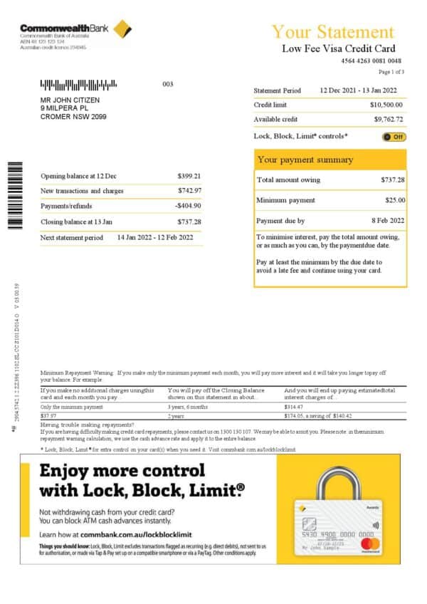 Australia Commonwealth bank statement, Word and PDF template, 3 pages