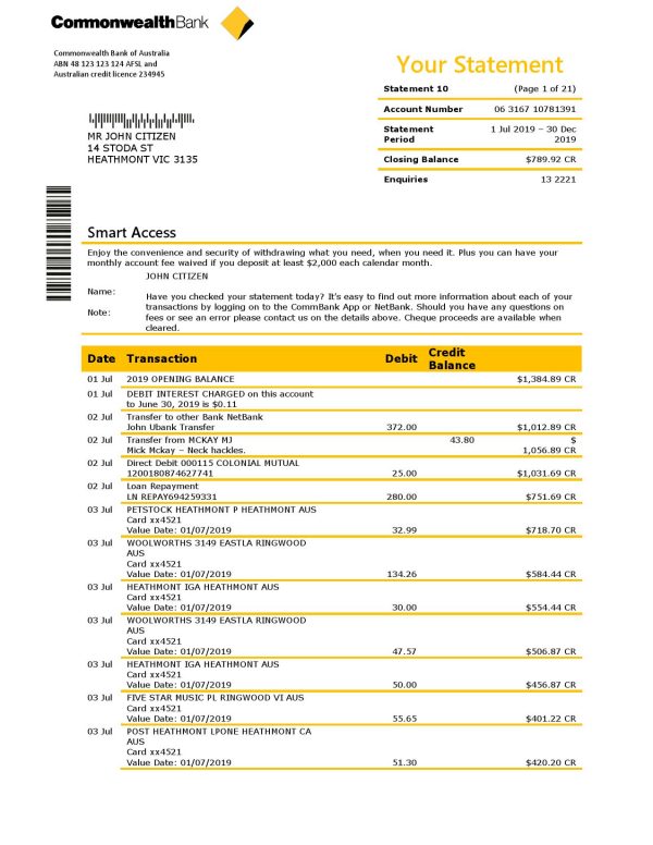 Australia Commonwealth bank statement template in Word and PDF format good for address prove 600x776 - Cart
