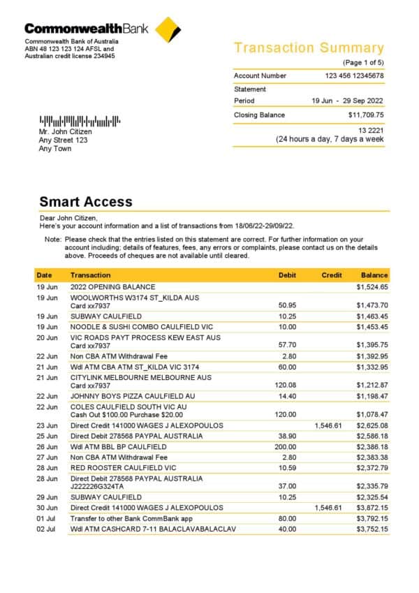 Australia Commonwealth bank statement, Word and PDF template, 5 pages