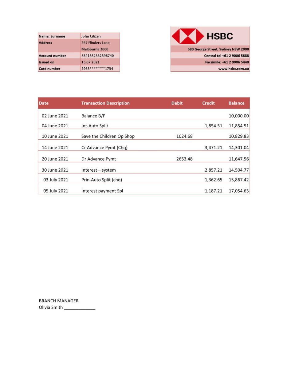 Australia HSBC Bank statement template in Excel and PDF format, fully editable