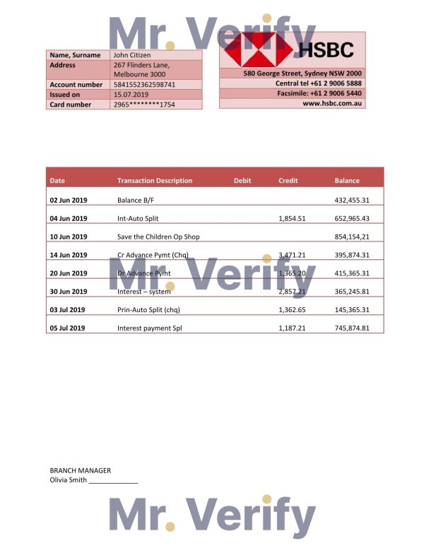 Australia HSBC bank statement template fully editable in Word and PDF format 600x776 - Cart