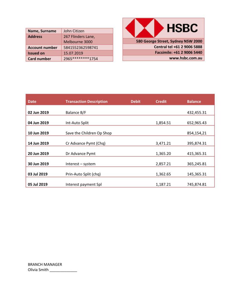 Australia HSBC bank statement template fully editable in Word and PDF format