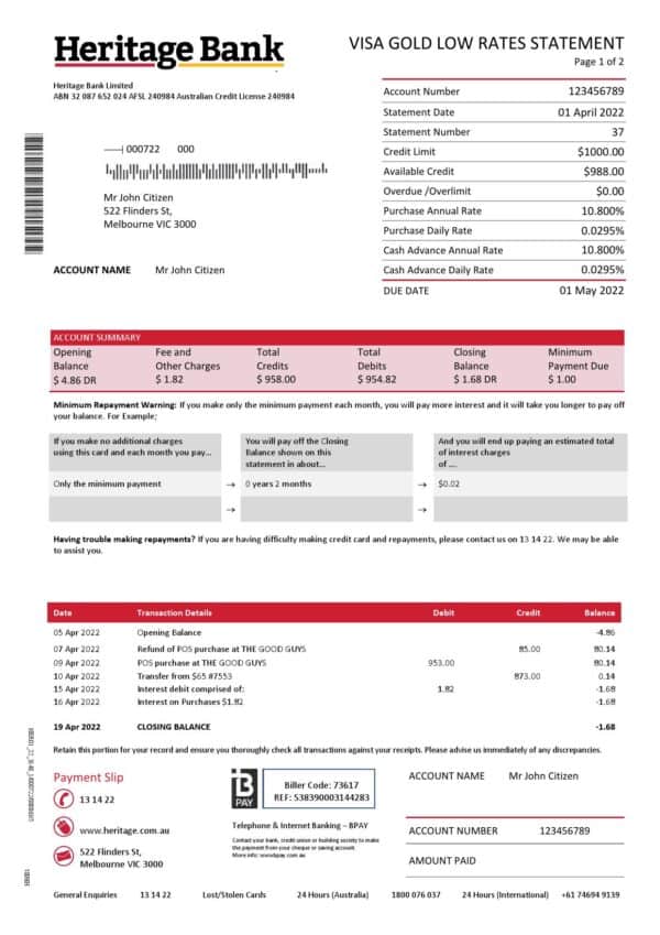 Australia Heritage bank statement Word and PDF template, 2 pages
