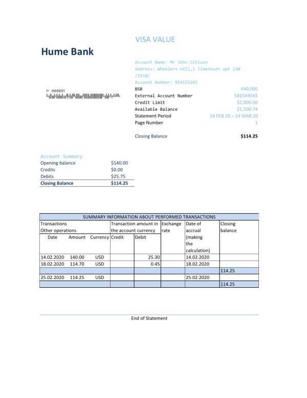 Australia Humebank bank statement easy to fill template in Excel and PDF format