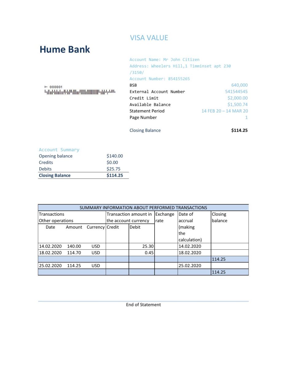 Australia Humebank bank statement easy to fill template in Excel and PDF format