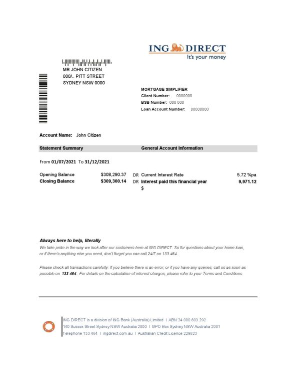 Australia ING Direct bank statement easy to fill template in Excel and PDF format