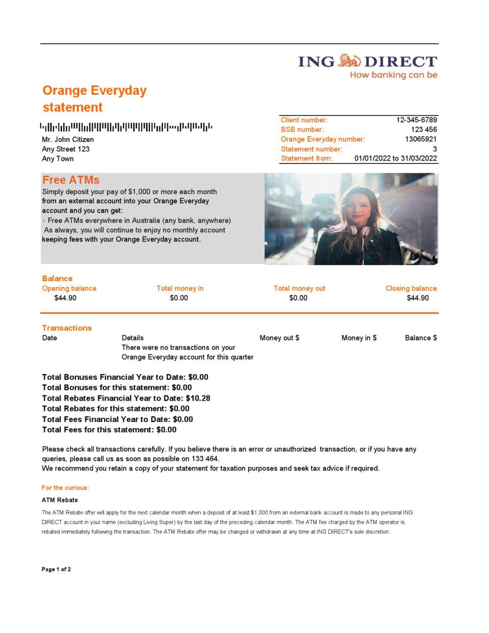 Australia ING Direct bank statement, Excel and PDF template, 2 pages