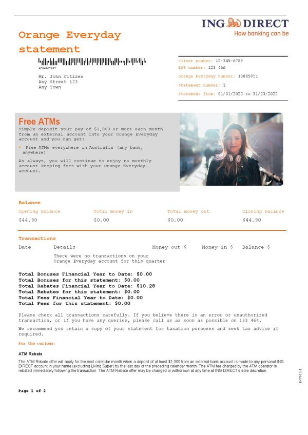 Australia ING Direct bank statement Word and PDF template 2 pages 1 600x848 - Cart