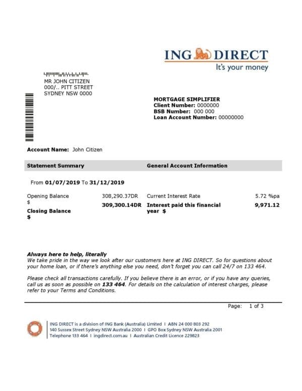 Australia ING Direct bank statement easy to fill template in Word and PDF format
