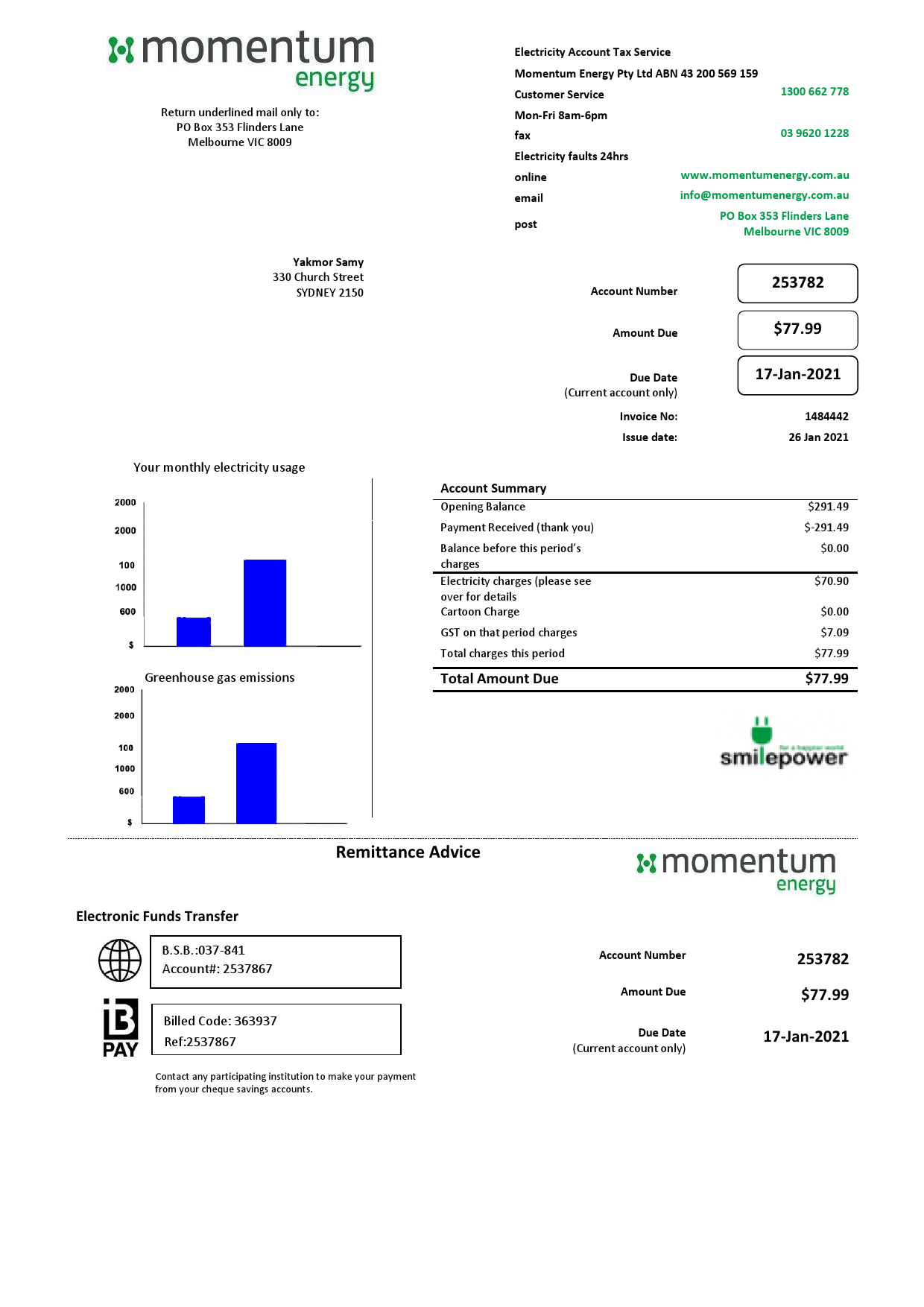 Australia Momentum Energy utility bill template in Word and PDF format