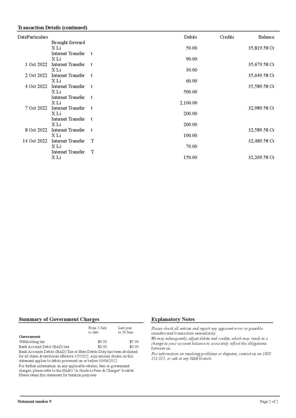 Australia NAB bank statement, Word and PDF template, 2 pages
