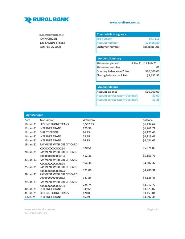 Australia Rural Bank statement easy to fill template in Excel and PDF format