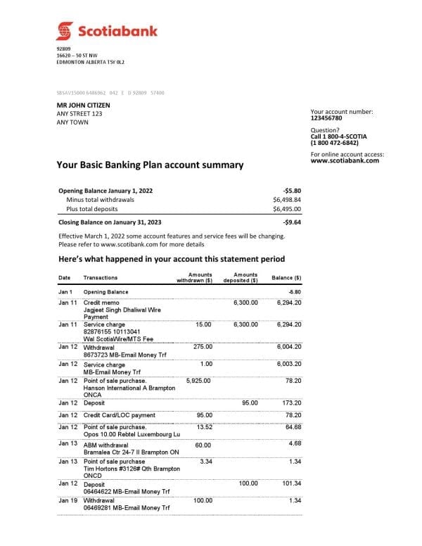 Australia Scotiabank bank statement, Word and PDF template, 2 pages