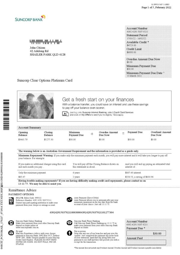 Australia Suncorp bank card account statement, Word and PDF template, 5 pages