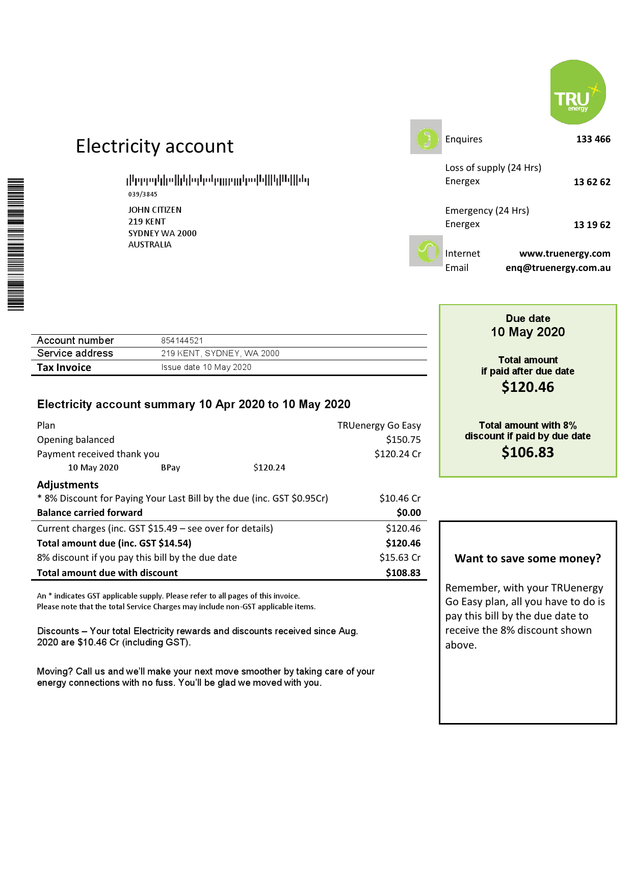 Australia Tru electricity utility bill template, fully editable in PSD format