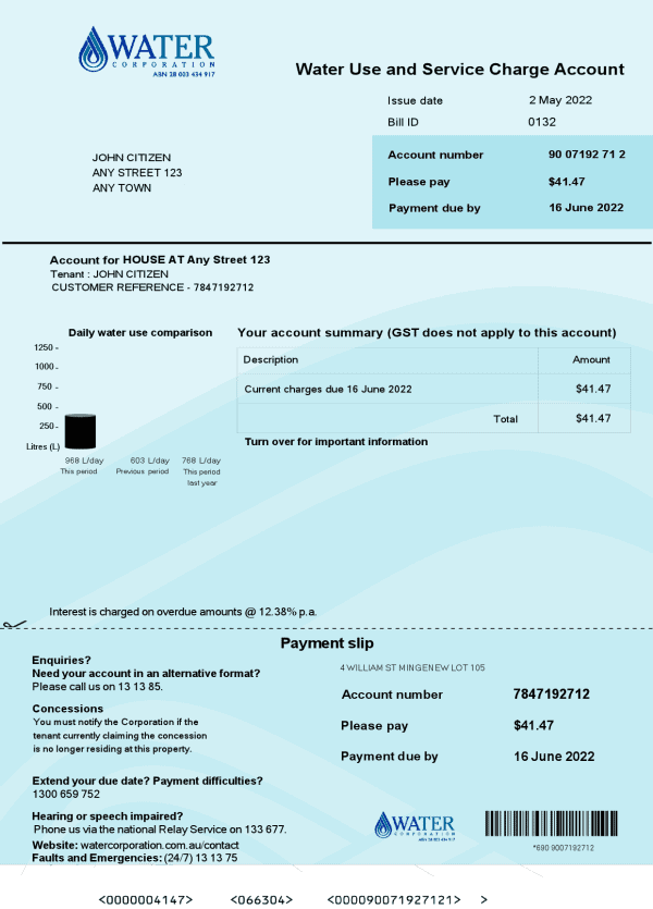 Australia South East Water utility bill template in Word and PDF format