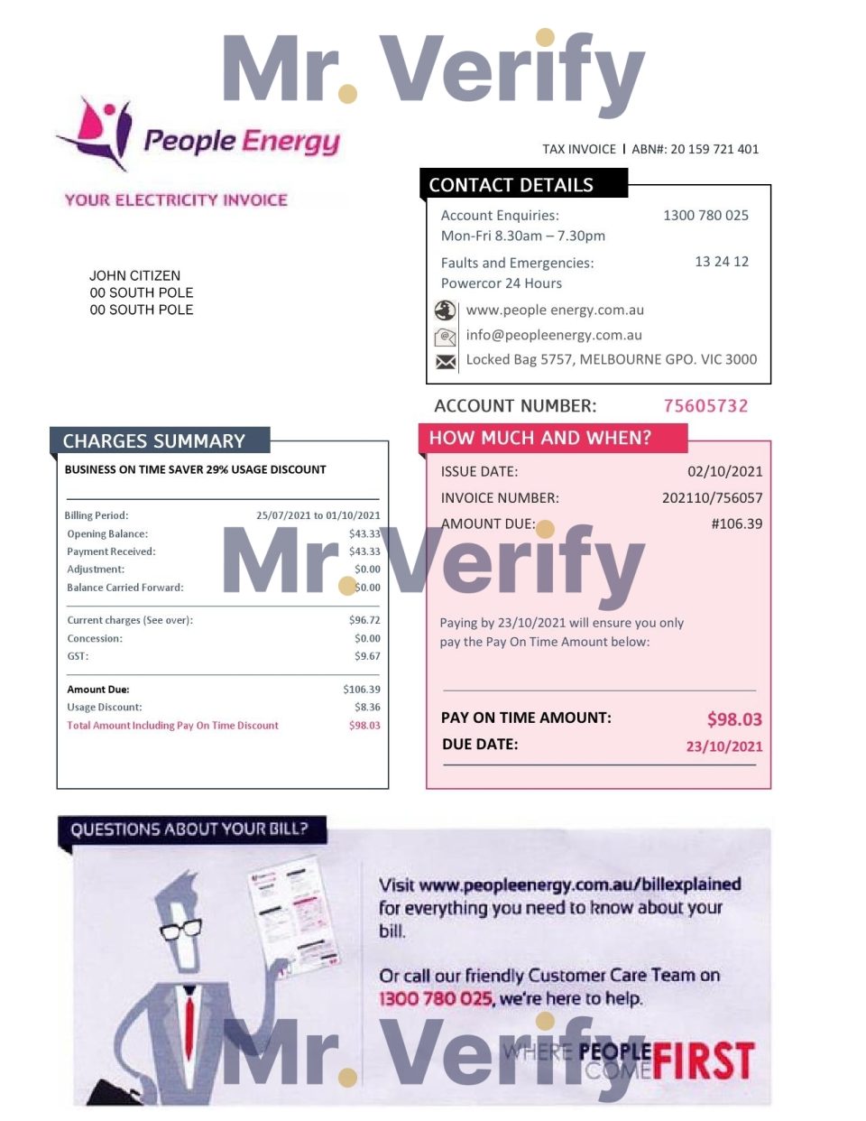 Australia People Energy electricity utility bill template in Word and PDF format