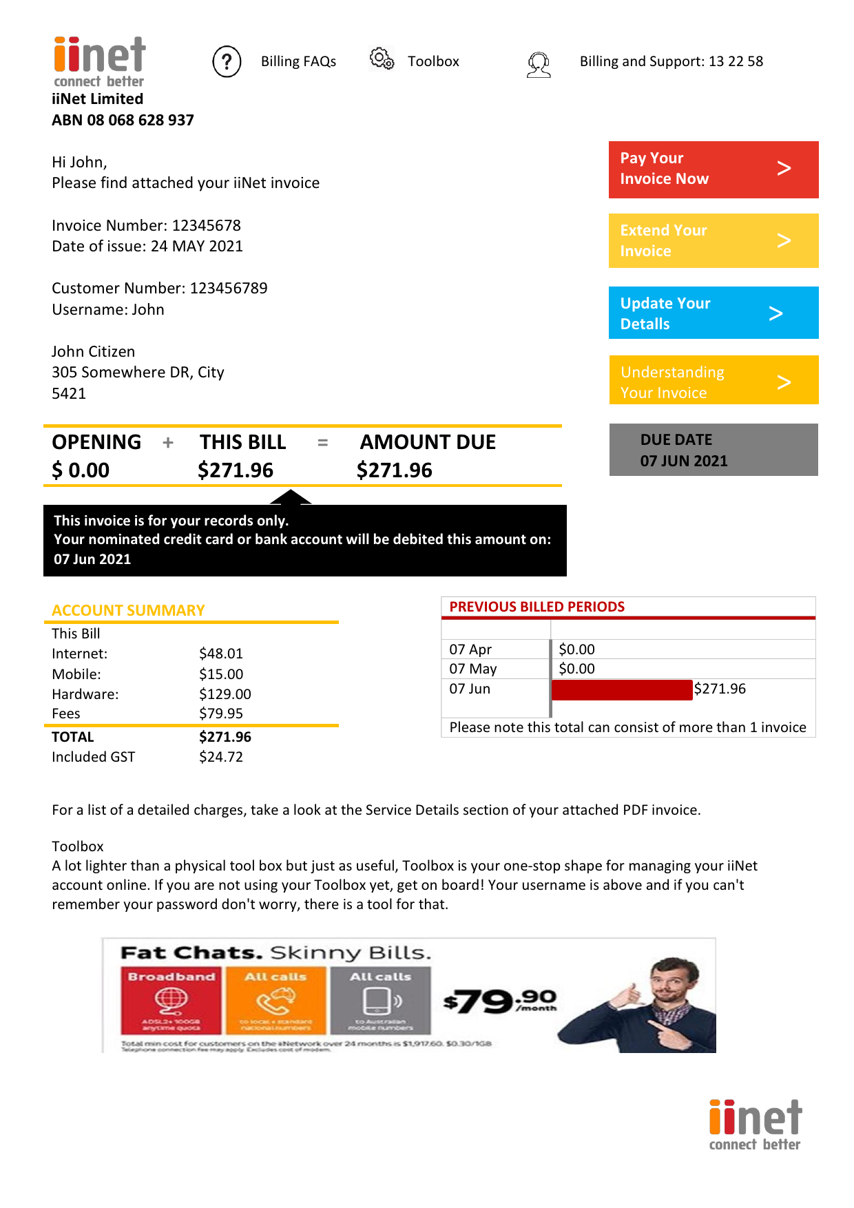 Australia iiNet utility bill template in Word and PDF format (.doc and .pdf)