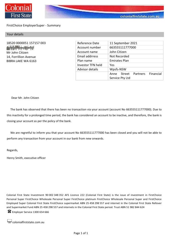 Australia Colonial First State bank account closure reference letter template in Word and PDF format