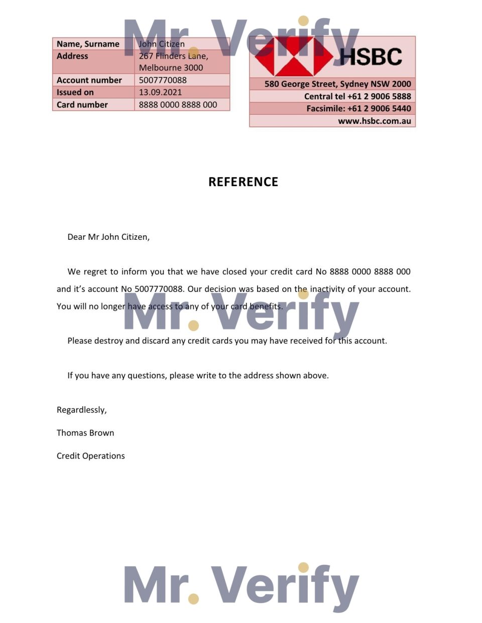 Download Australia HSBC Bank Reference Letter Templates | Editable Word