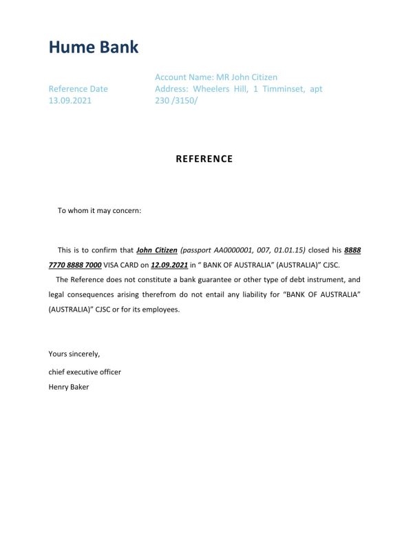 Australia Hume bank account closure reference letter template in Word and PDF format