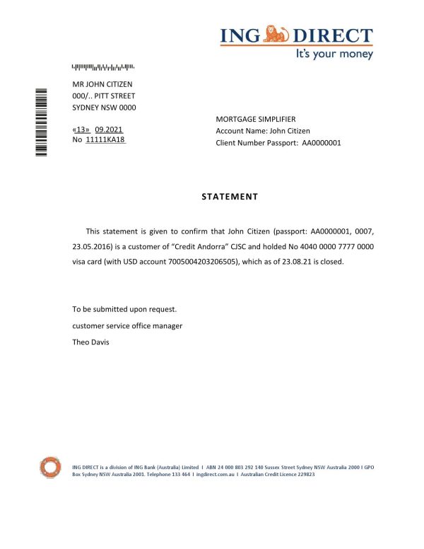 Australia ING Direct bank account closure reference letter template in Word and PDF format
