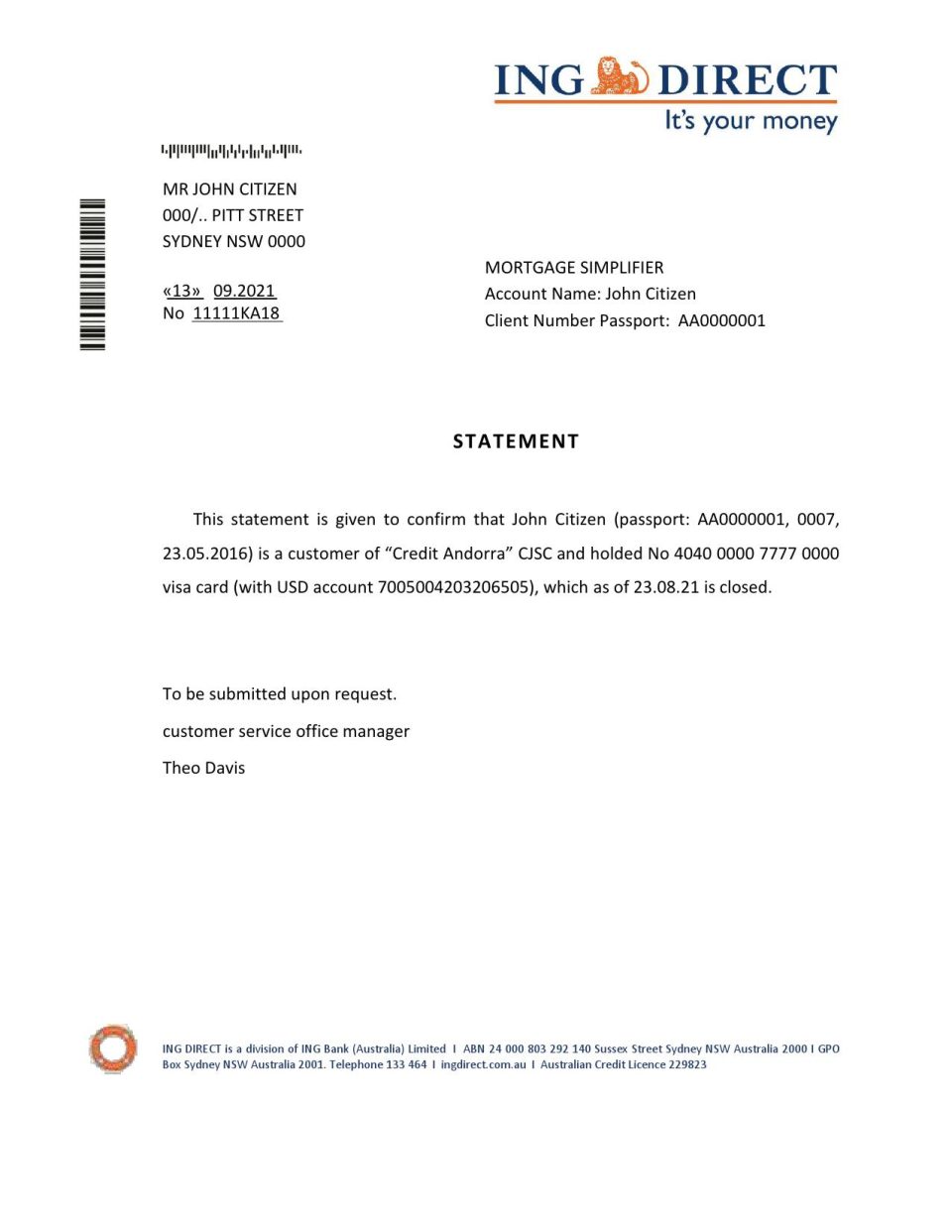 Download Australia ING Direct Bank Reference Letter Templates | Editable Word