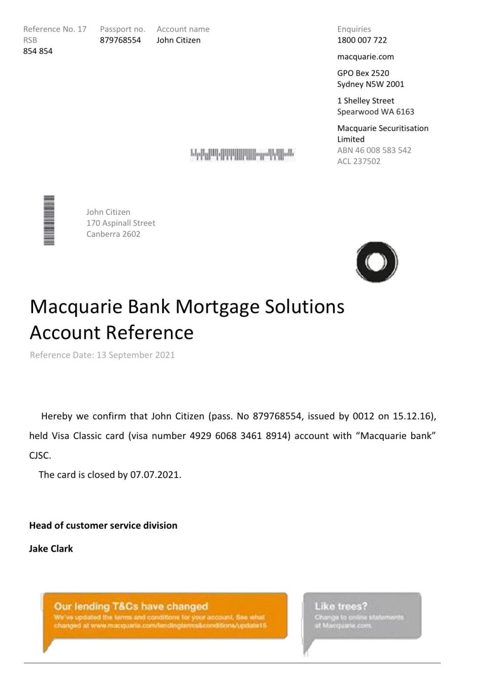 Australia Macquarie bank account closure reference letter template in Word and PDF format