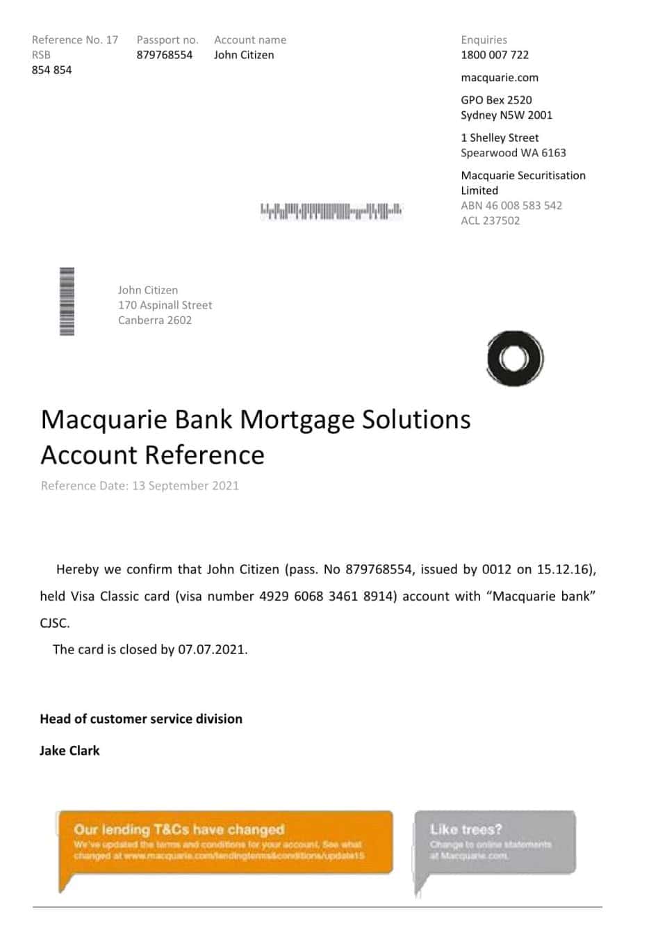 Australia Macquarie proof of address bank statement template in Word and PDF format (.doc and .pdf)