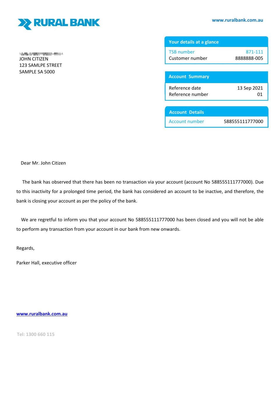 Australia Rural bank account closure reference letter template in Word and PDF format
