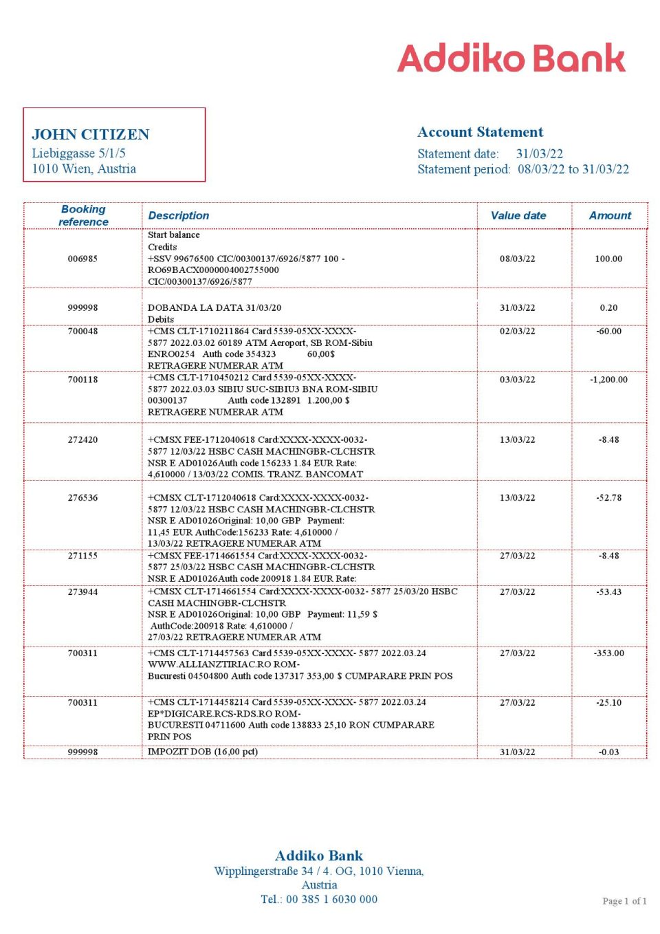 Austria Addiko bank statement template in Word and PDF format