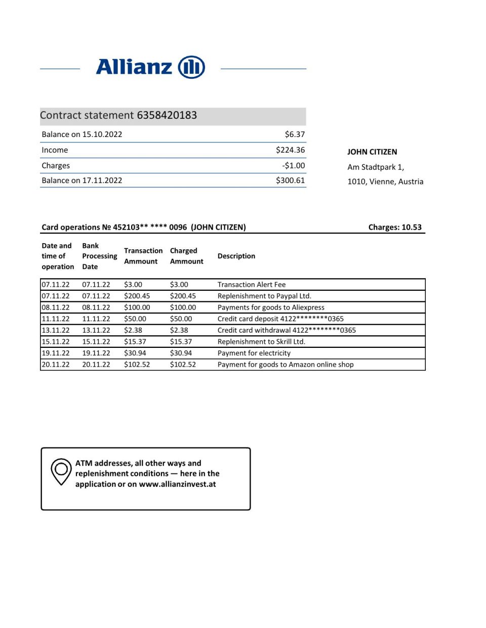 Austria Allianz Investment bank statement template in Excel and PDF format
