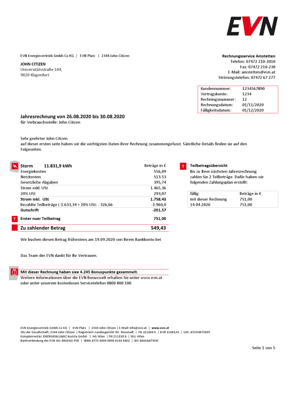 Austria EVN electricity utility bill template in Word and PDF format, language German (5 pages)