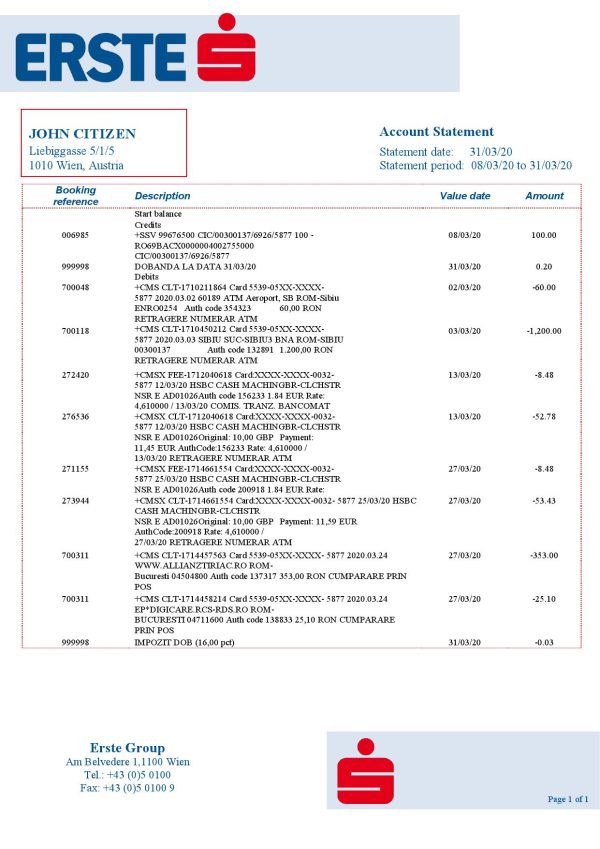 Austria Erste Group bank statement template in Word and PDf format 600x849 - Cart