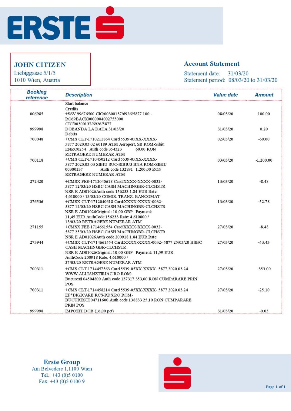 Austria Erste Group bank statement template in Word and PDf format