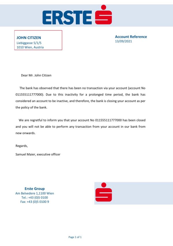 Austria Erste bank account closure reference letter template in Word and PDF format