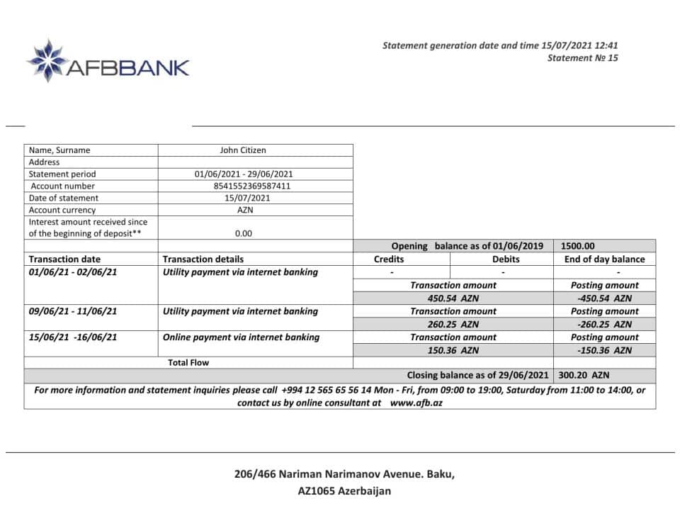 Azerbaijan AFB bank statement template in Word and PDF format, fully editable