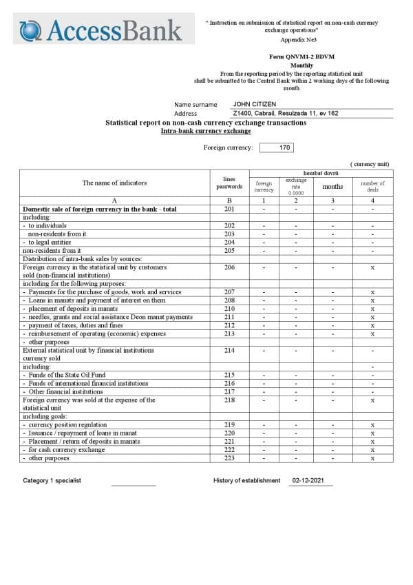 Azerbaijan Access Bank (English language) statement template in Word and PDF format